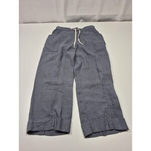 FLAX Pants Womens Medium Blue Cropped Wide-Leg Linen Elastic Waist Pockets FLAW